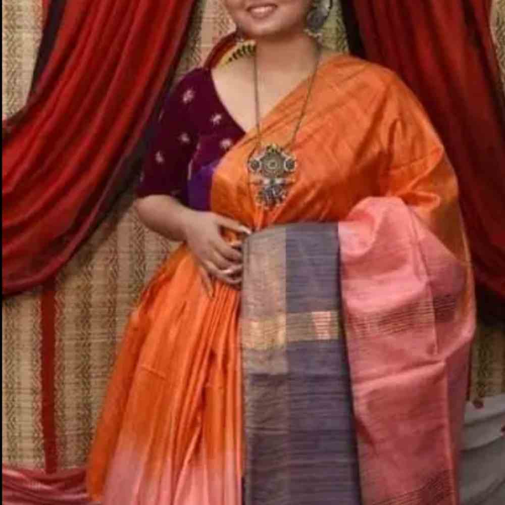 Tussar Ghicha Saree with Triple Dye Silk and Jari Border in Orange, Pink, and Grey